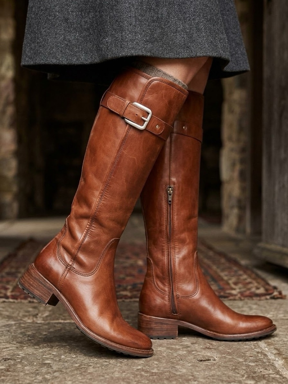 Cole Haan Brown Leather Tall Riding Boots Buckle Strap Vibram Sole Size 6